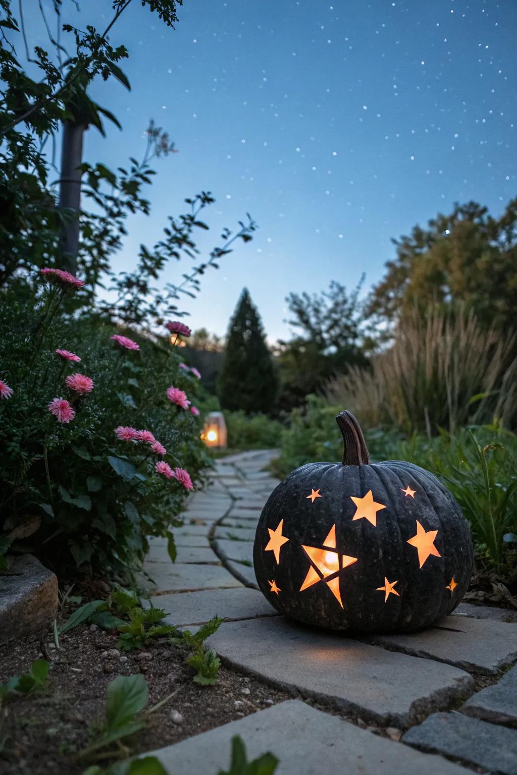 A celestial pumpkin exhibiting radiant astral constellations.
