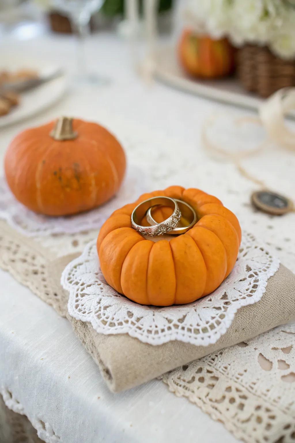 A whimsical gourd ring bearer cushion adding charm to the ceremony.