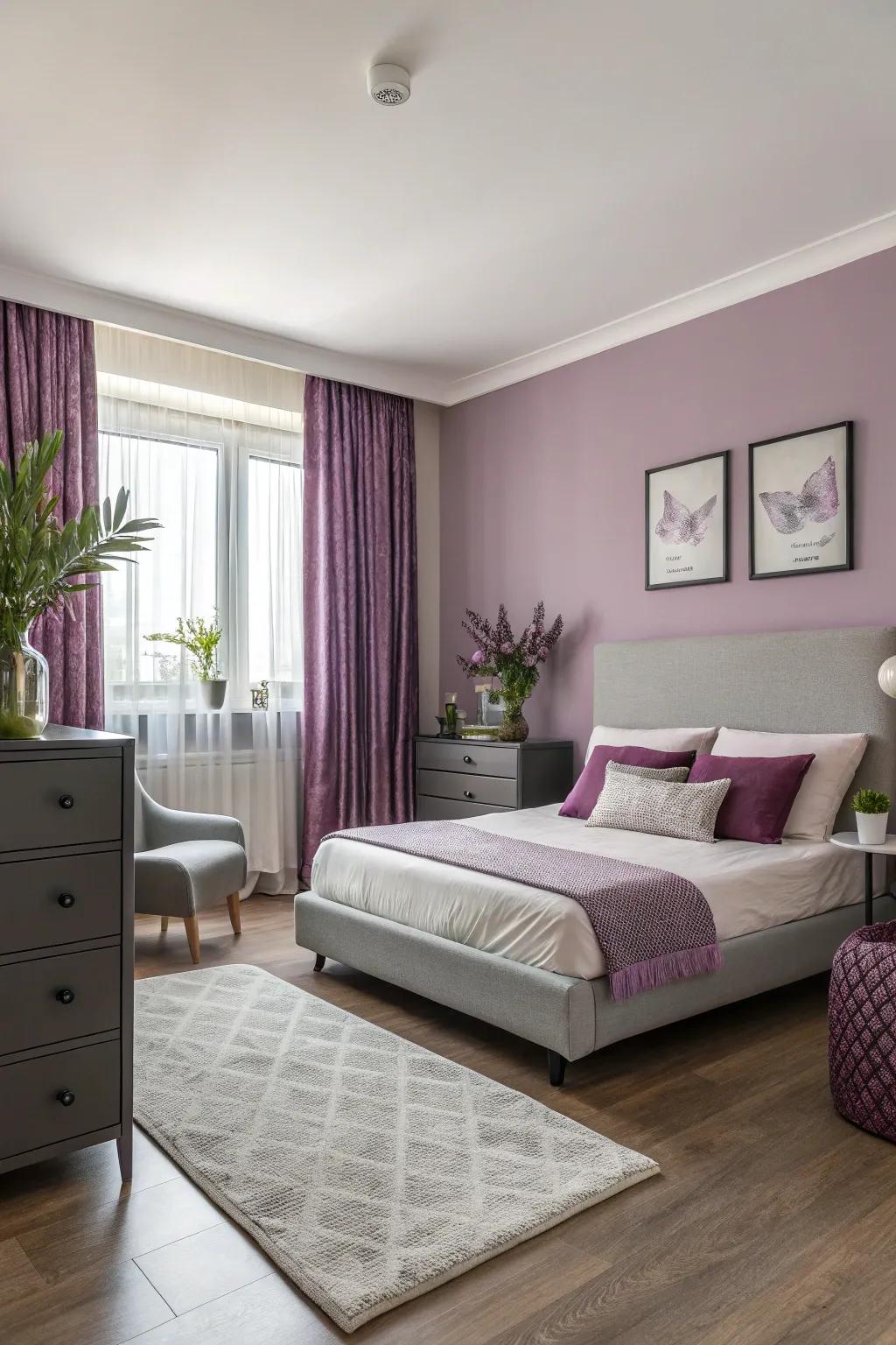 Orchid-colored details infuse the room with lively energy.