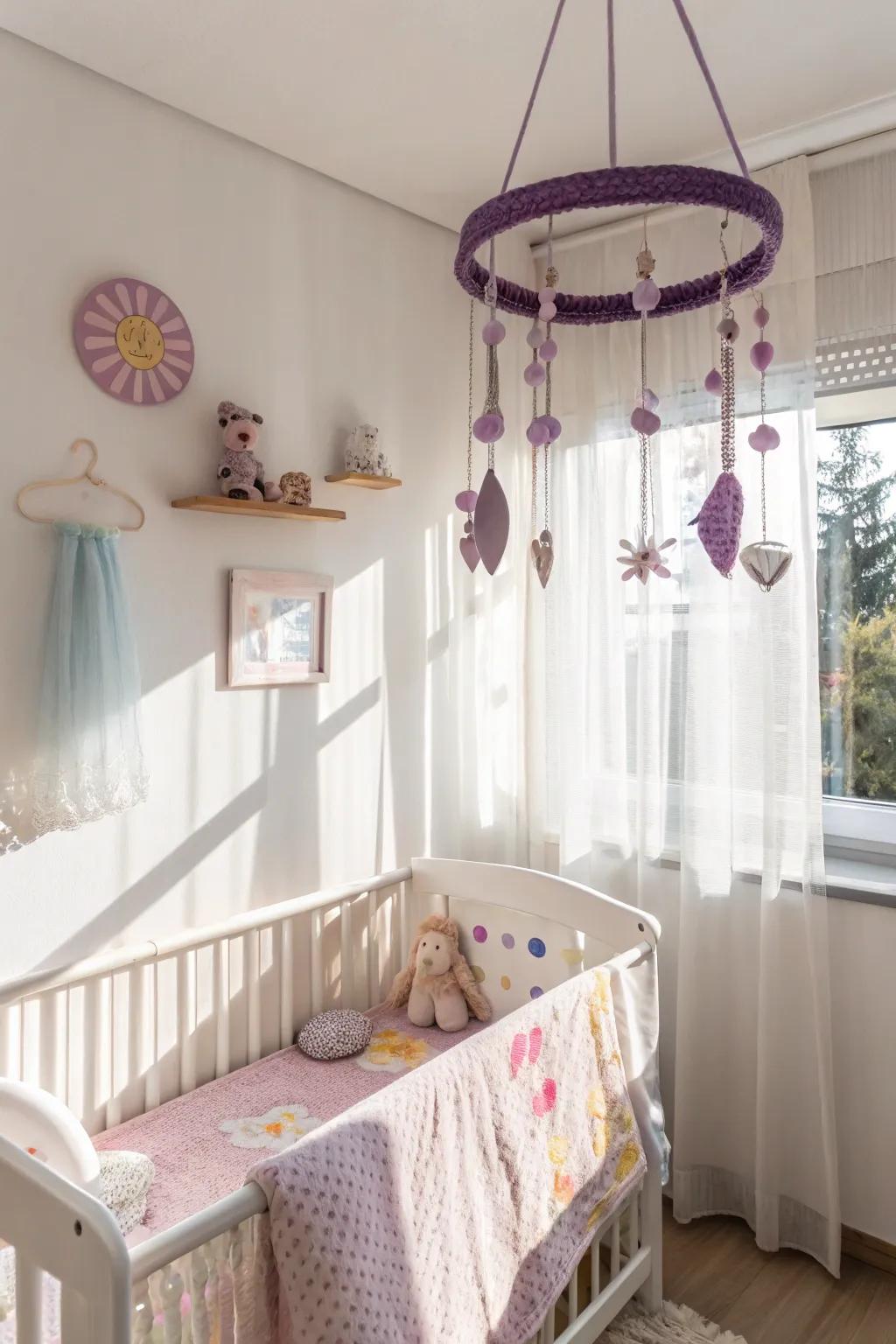 Purple mobiles offer delightful eye stimulation.