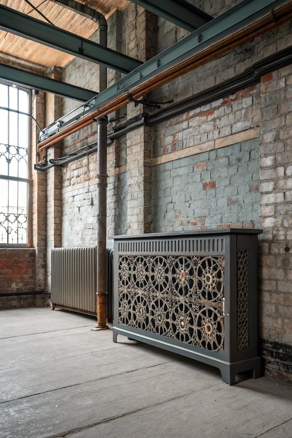 A metallic grate design provides a radiator face with an industrial edge.