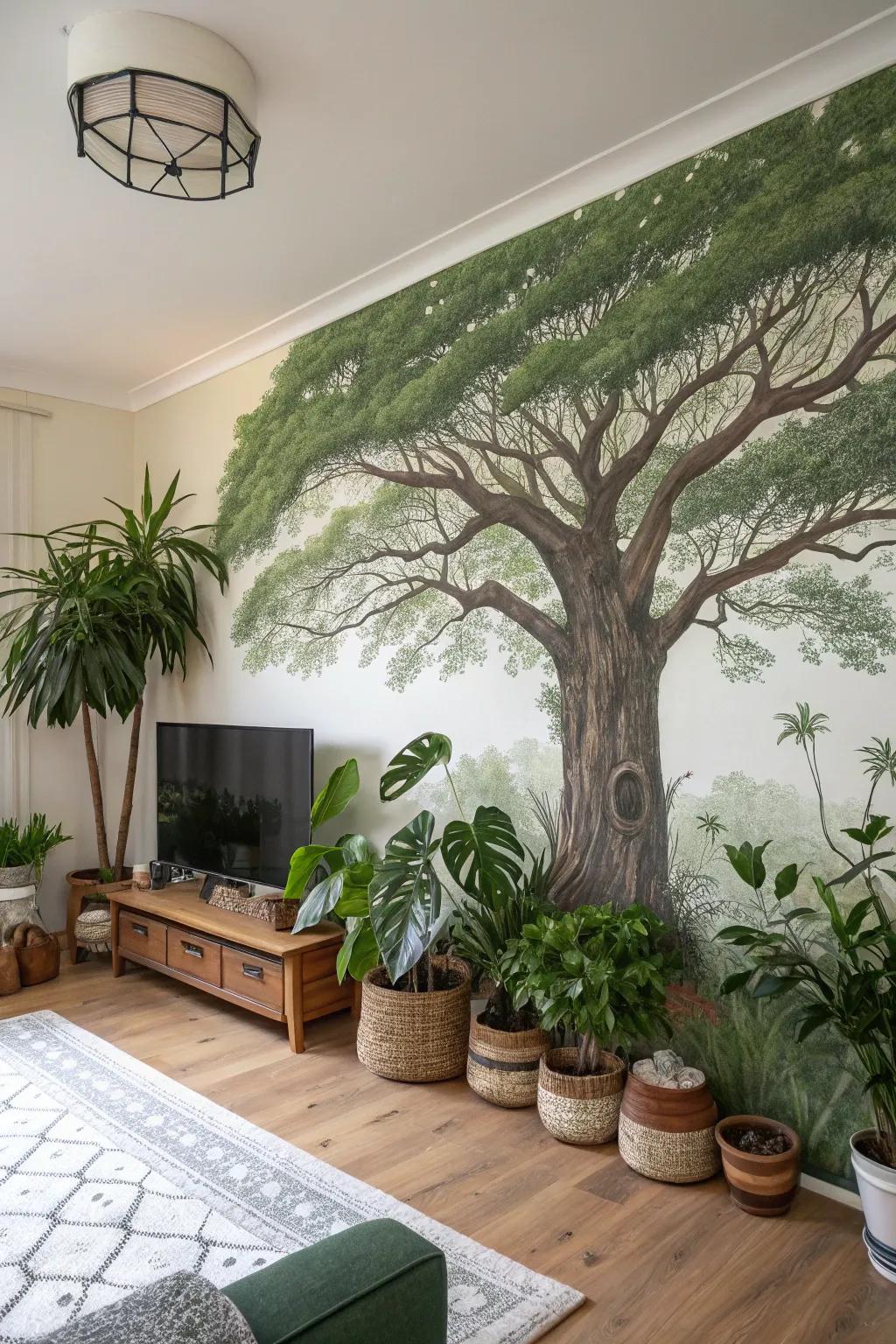 Establish a striking focal point using an arboreal mural.