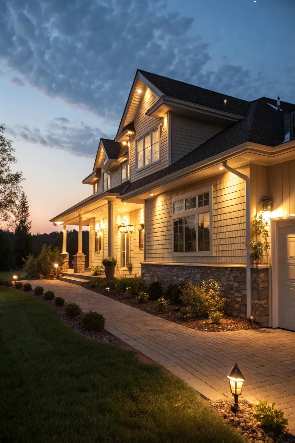 Striking lighting features giving light to the outside of a raised ranch at night.