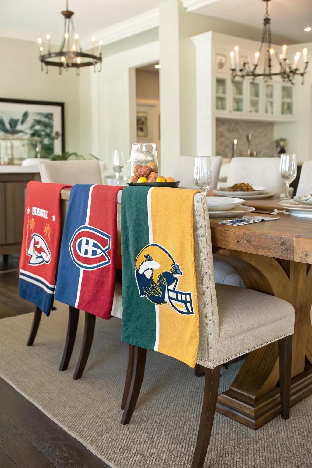 Incorporate a sporty element using <strong><em>rally towels</em></strong> on seats.” loading=”lazy” class=”pimg”>
	</picture><figcaption>Incorporate a sporty element using <strong><em>rally towels</em></strong> on seats.</figcaption></figure>
<p>Drape towels over seating backs for a rapid and straightforward ornamental enhancement. It’s an effortless means to inject team enthusiasm into your eating space.</p>
<h3>Check if these fit your needs:</h3>
<ul class=