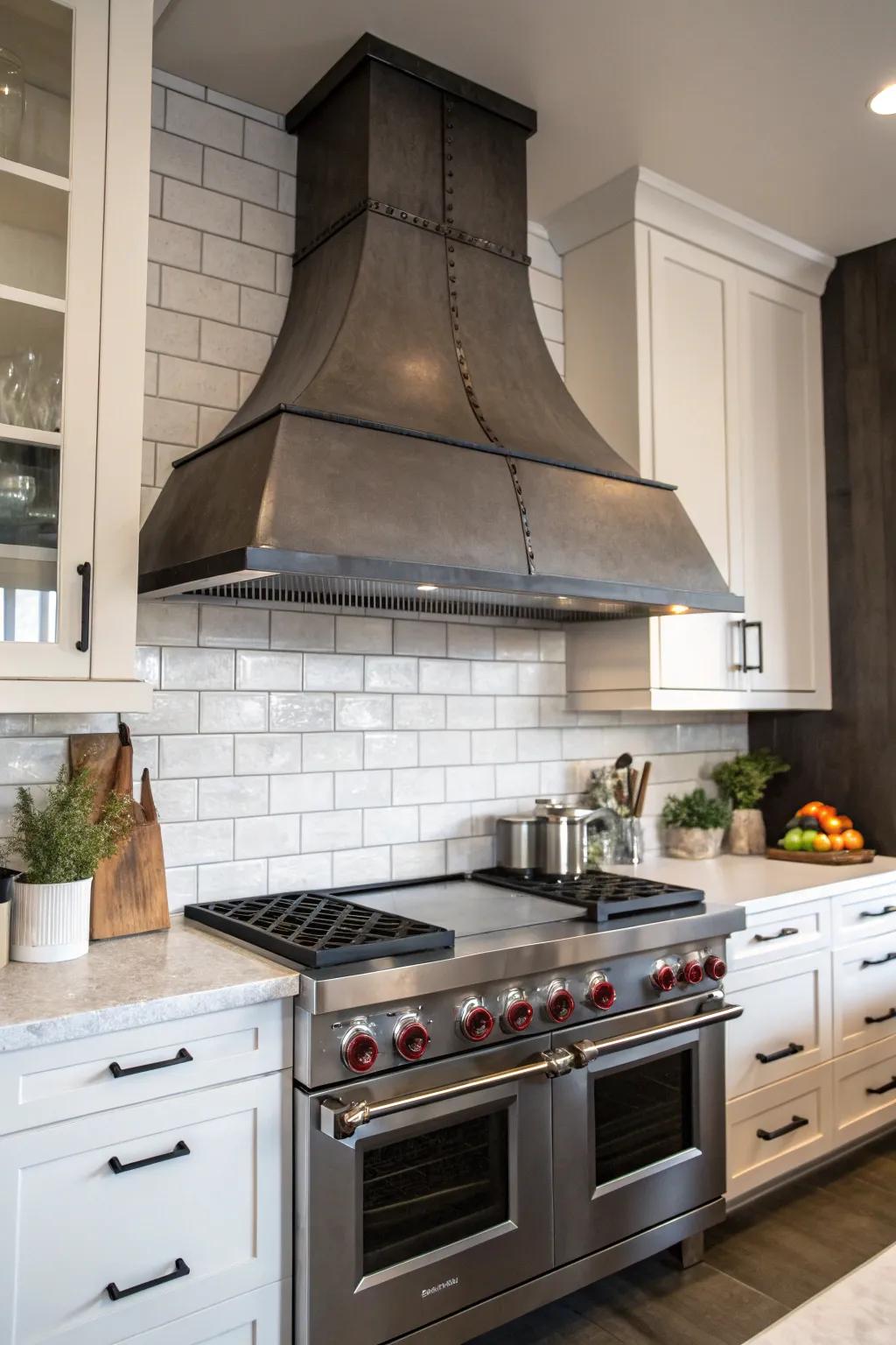 Industrial metal range hood delivers an edgy kitchen vibe.