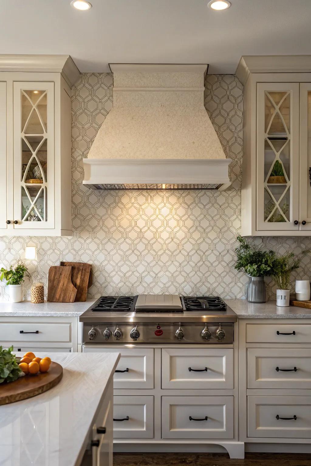 Kitchen featuring a textured tile backsplash that adds depth to a simple vent hood.