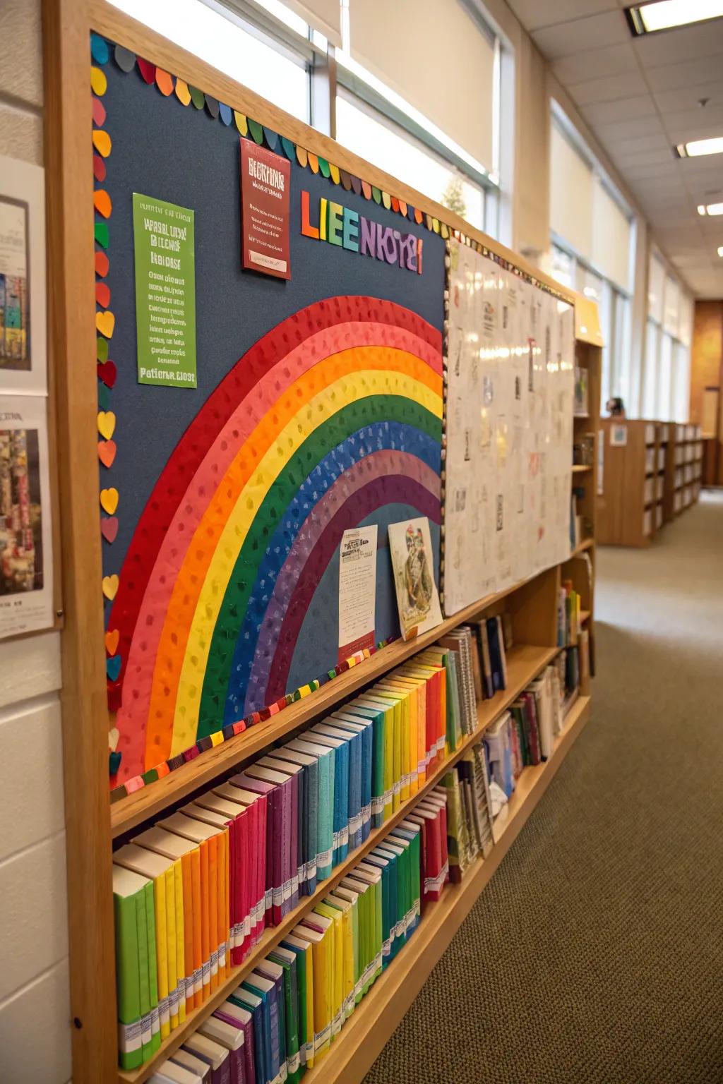 A colorful spectrum and book spines create a joyful and inviting reading atmosphere.