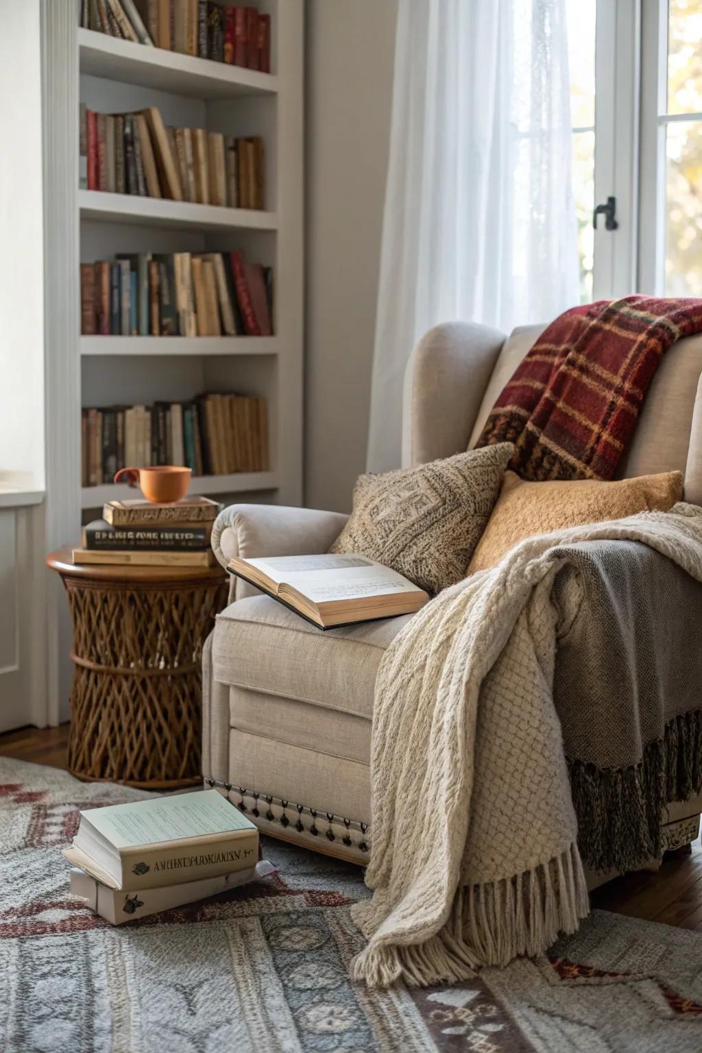 A reading nook using layered textiles for ultimate comfort.