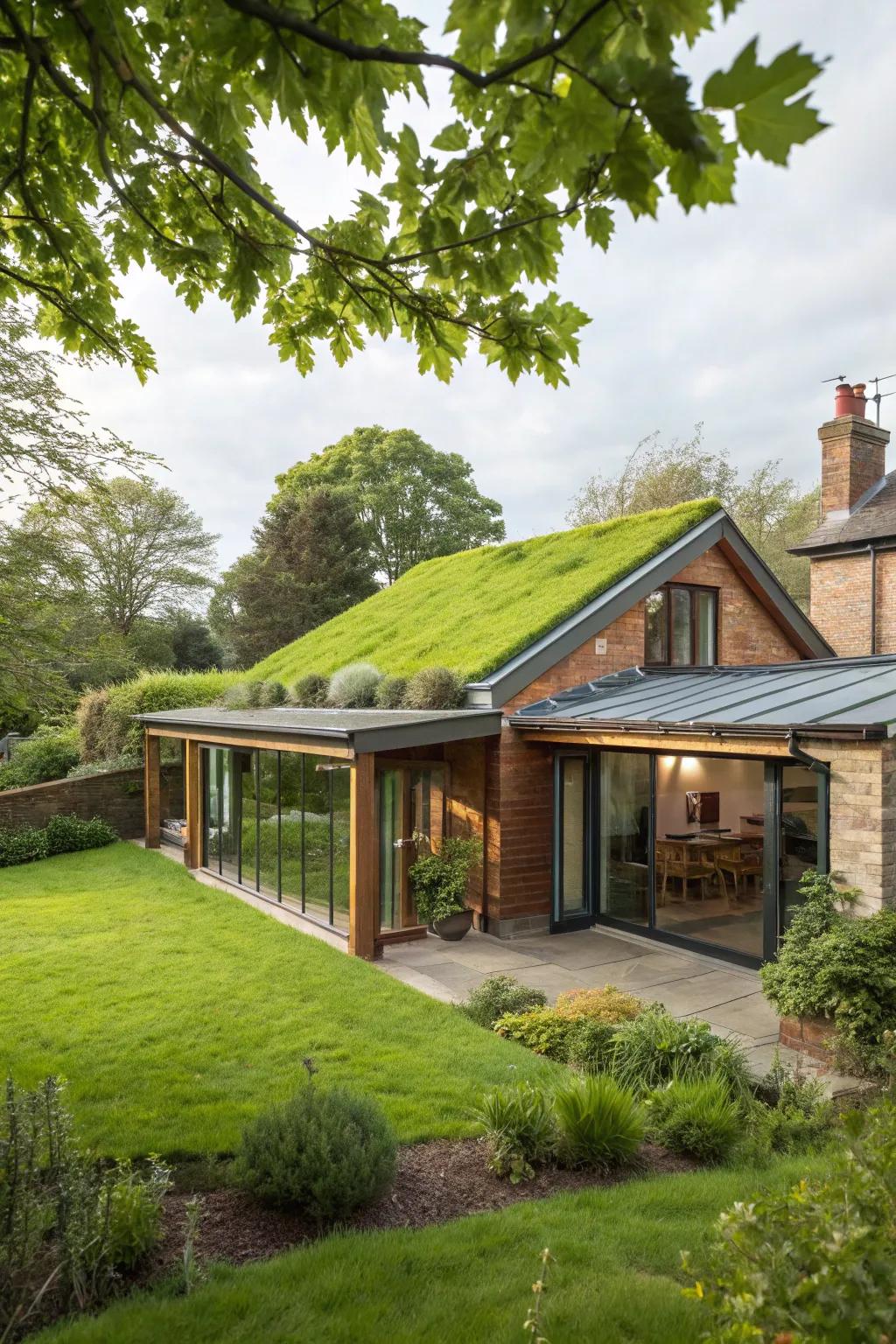 A back house extension with a gorgeous green roof for an extra touch of environmentally friendly appeal.