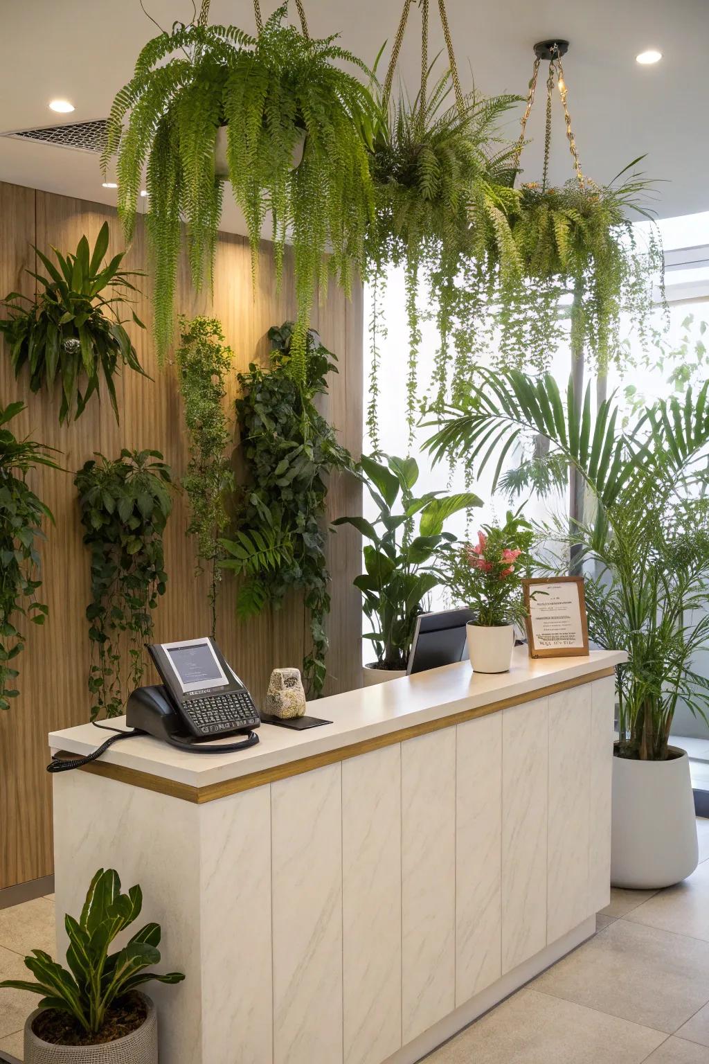 A reception area enhanced with lots of greenery.