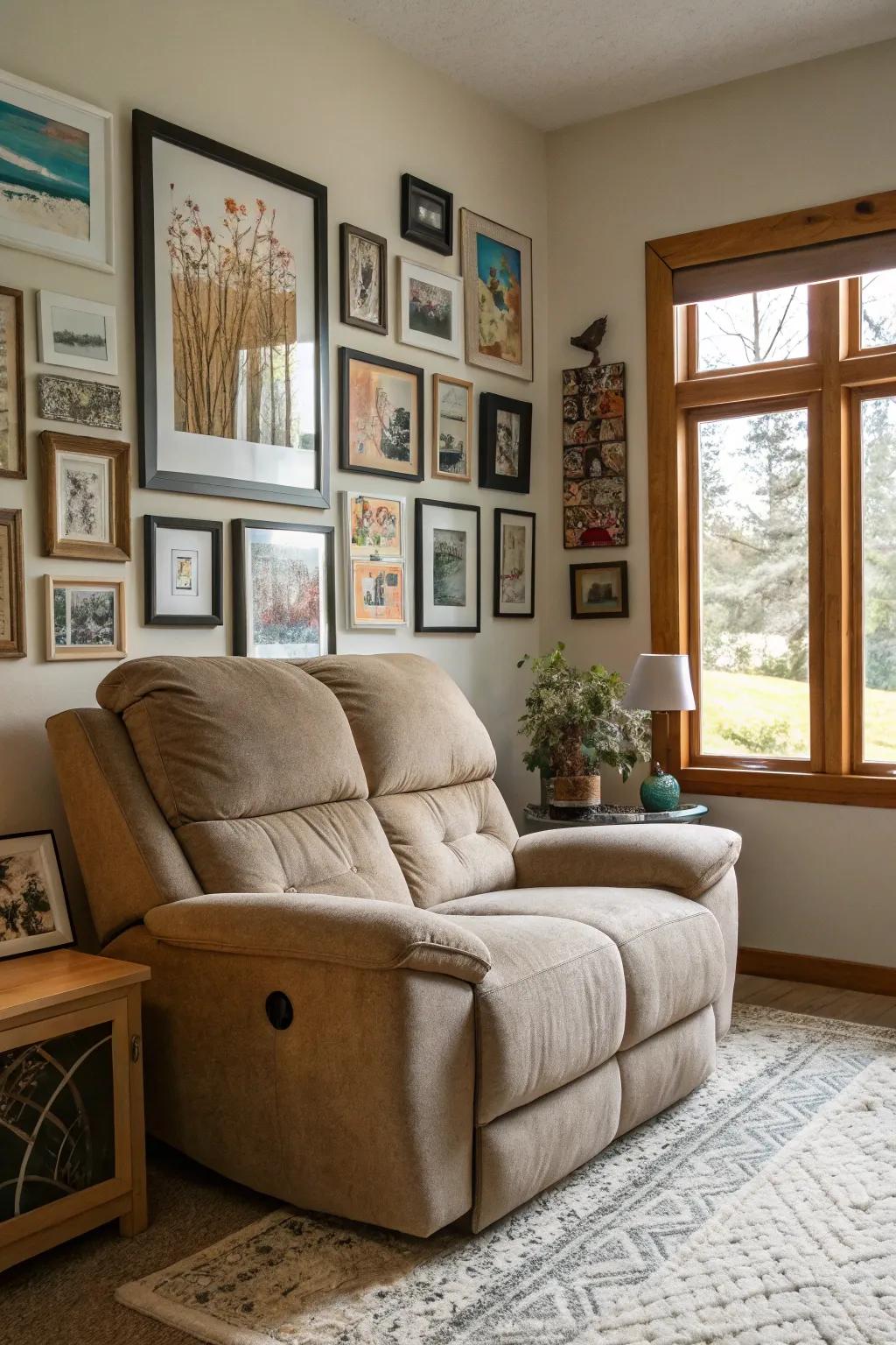 A gallery wall above the recliner sofa adding depth and a personal touch.