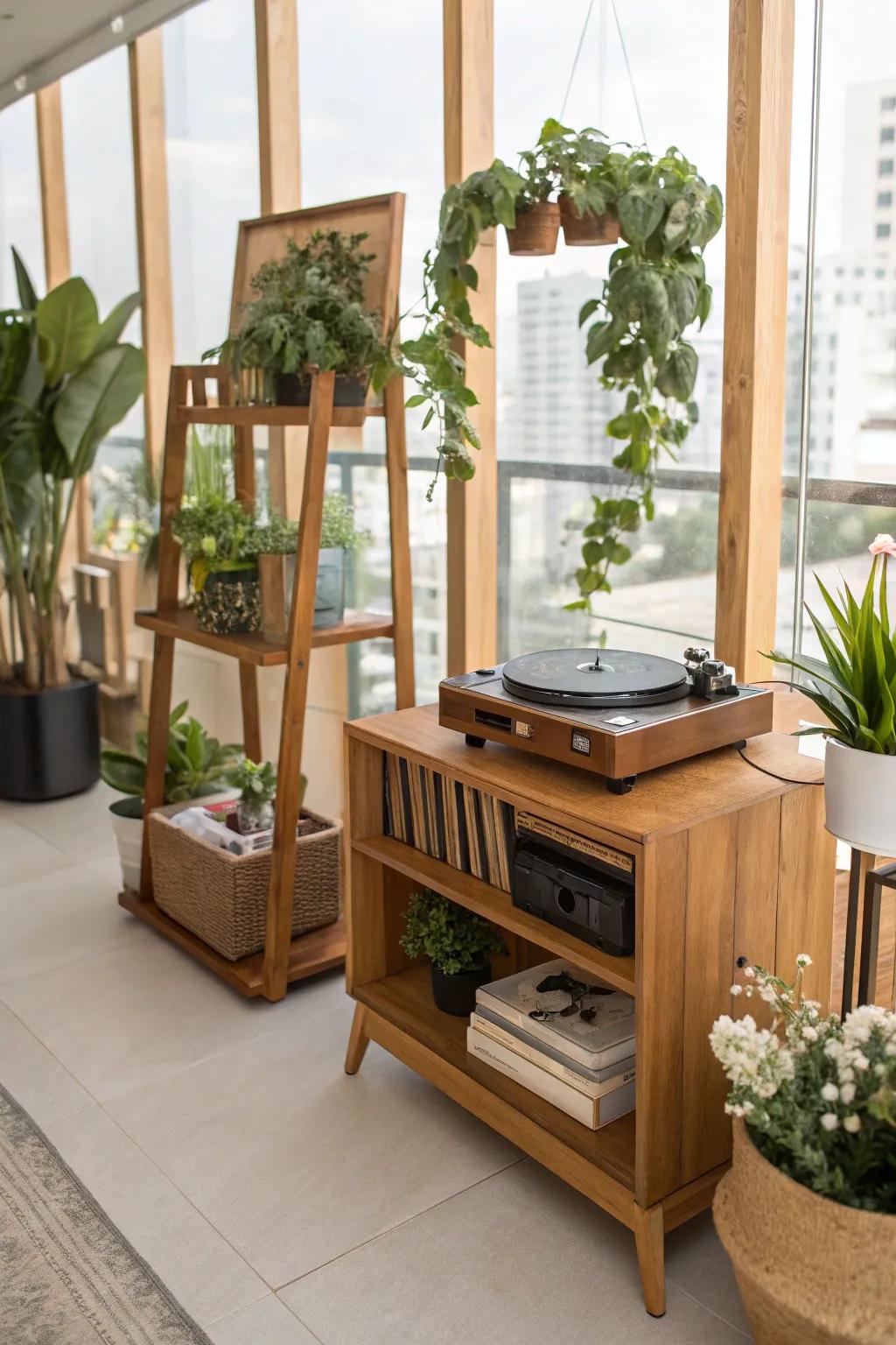 A nature-themed record player setup using wood and plants.