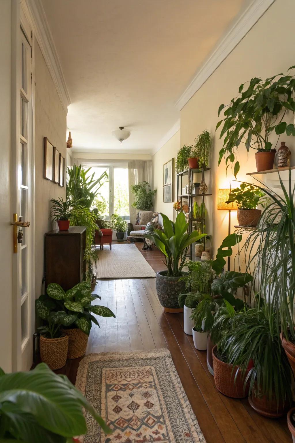 Greenery gives a slender living room life and vibrancy.