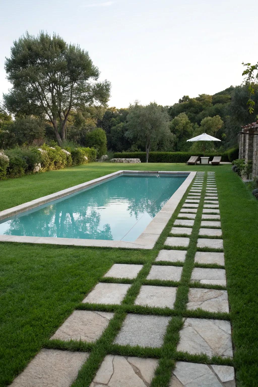 Stone walkways and a neat lawn enhance the pool's sophistication.