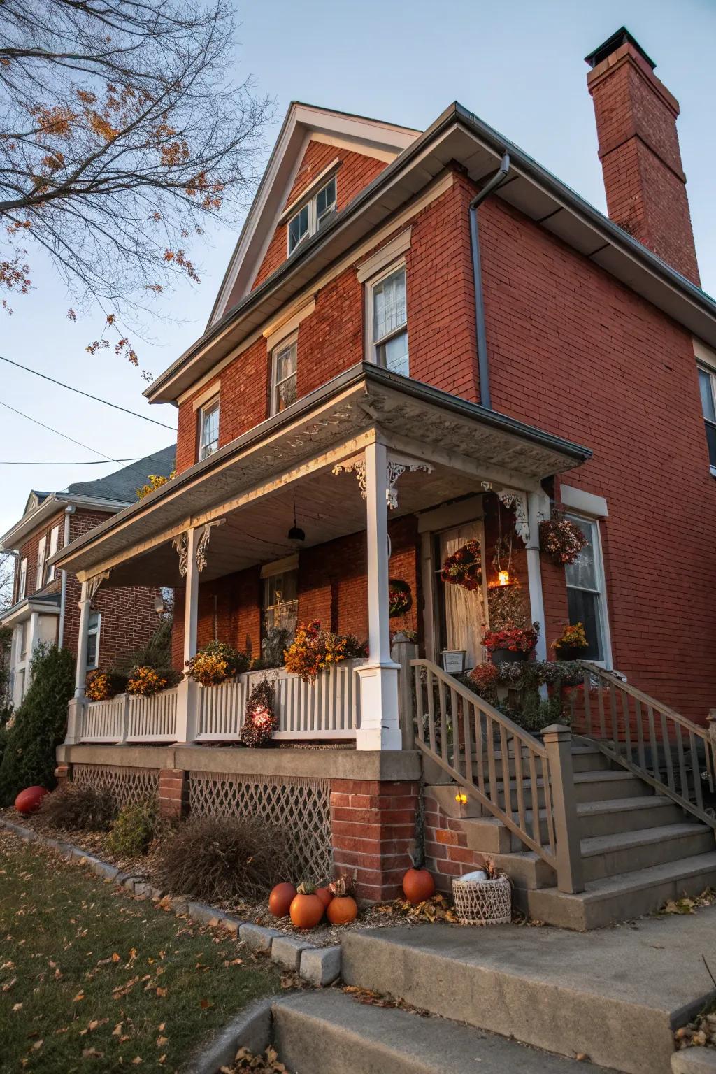 Seasonal decor adds fresh charm to this red brick porch throughout the year.