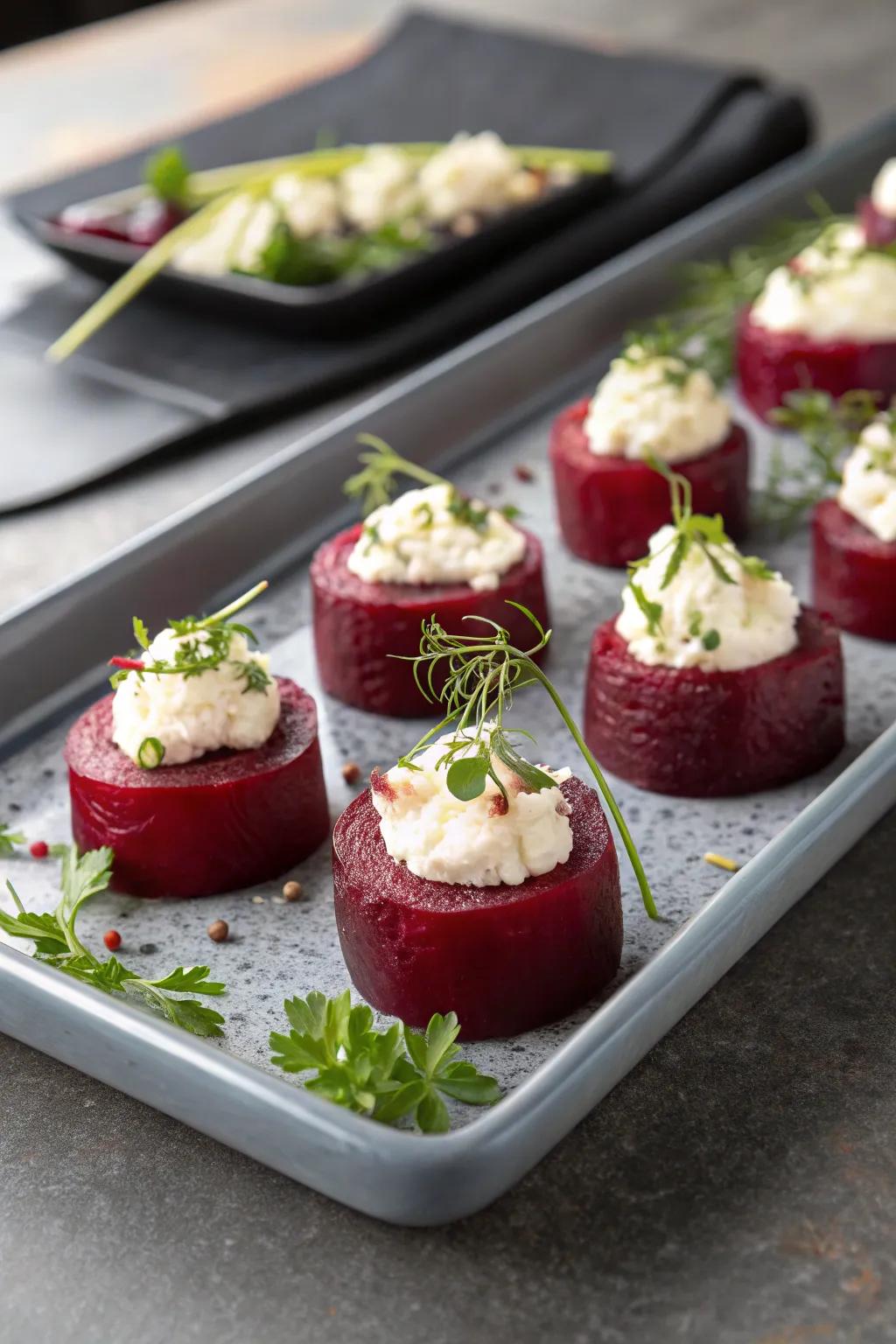 Beetroot and goat cheese chomps add a connoisseur touch to parties.