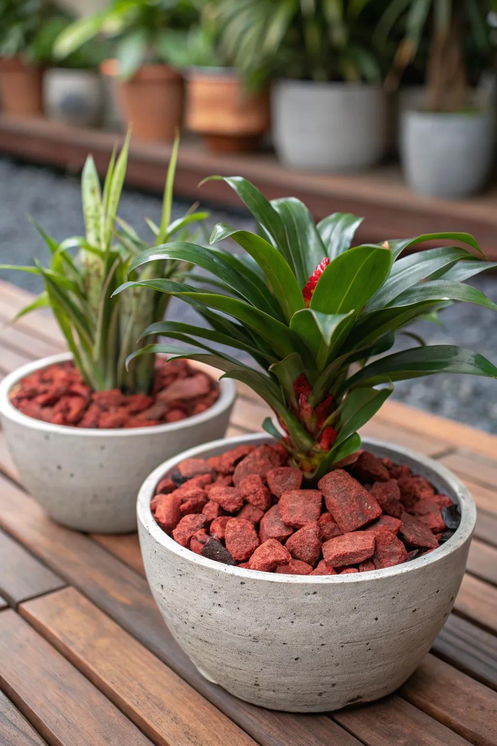 Crimson volcanic stones improve drainage and insert visual interest to container gardens.