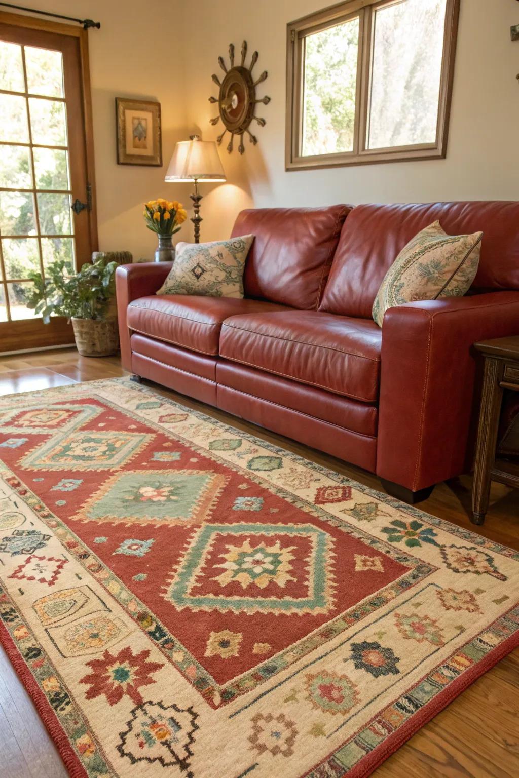 A statement rug anchors the room and enhances the appeal of a crimson hide sofa.