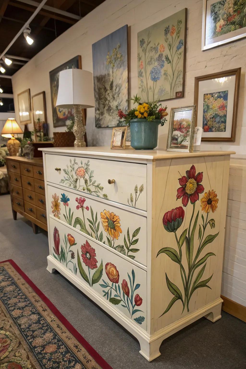 Hand-painted artwork transforms a dresser into a canvas.