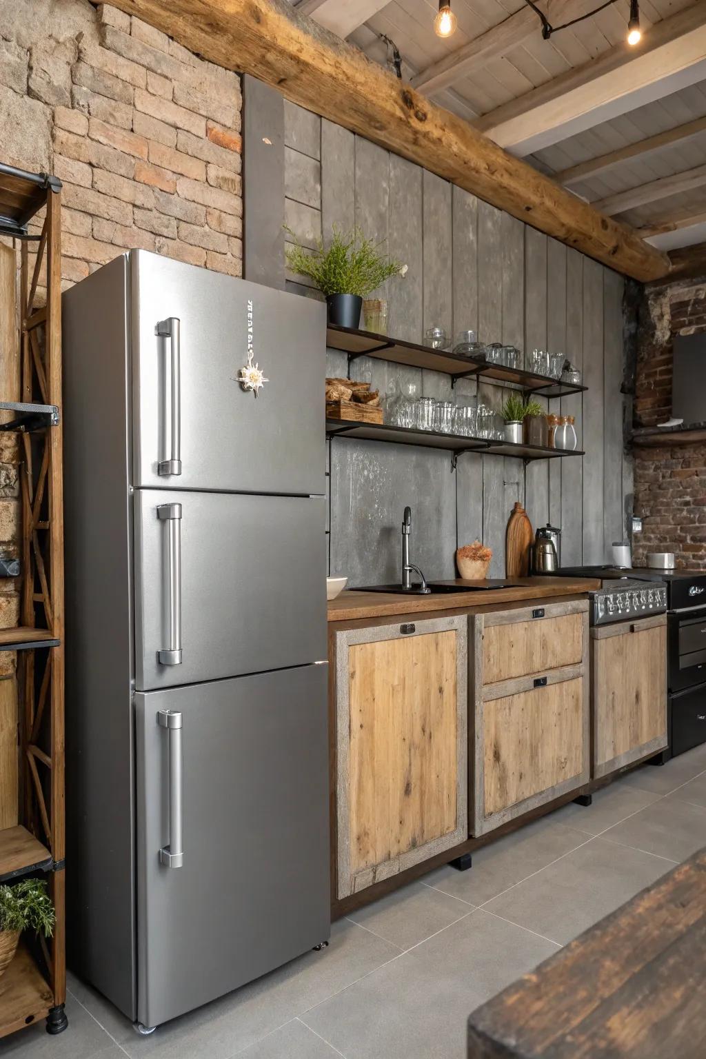 Factory-style elements surrounding the refrigerator bring a modern edge to the kitchen.