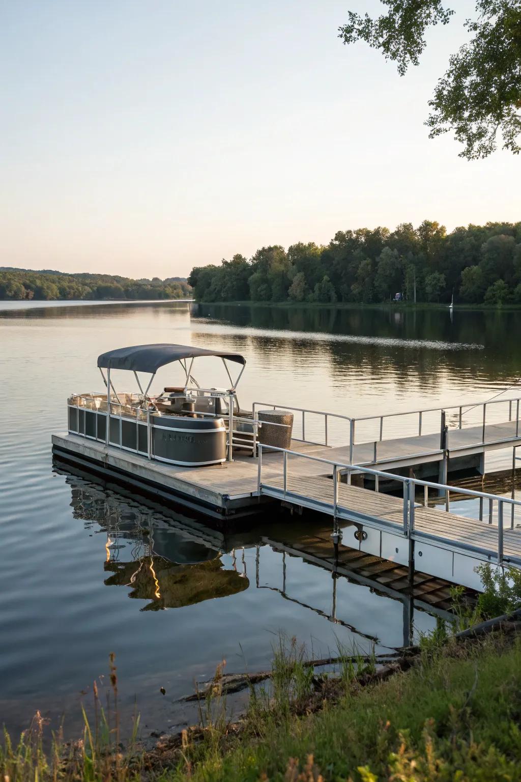 A mobile dock that effortlessly adapts to water level changes.
