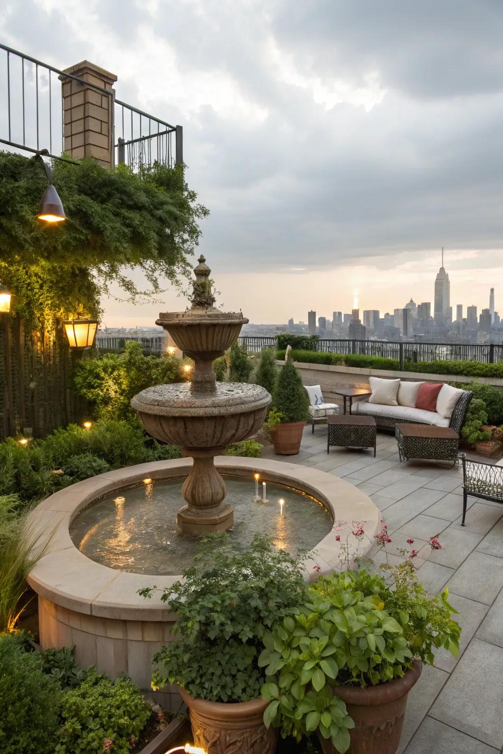 Add serenity to your rooftop deck with a relieving water element.