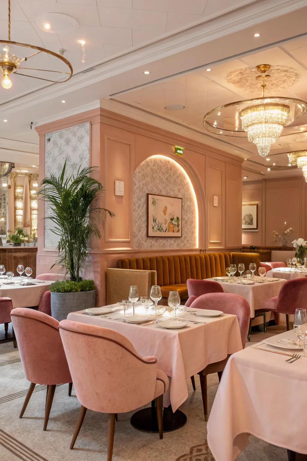A restaurant featuring pastel shades for a delicate atmosphere.
