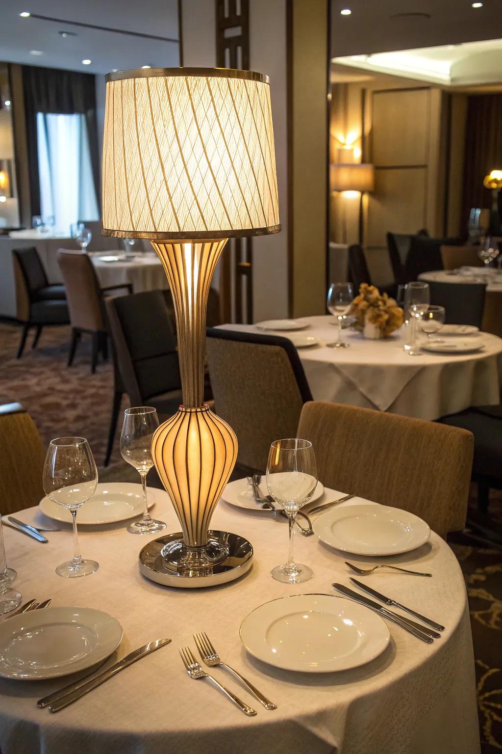 Sculptural table lamp featured as a centerpiece on a polished restaurant table.