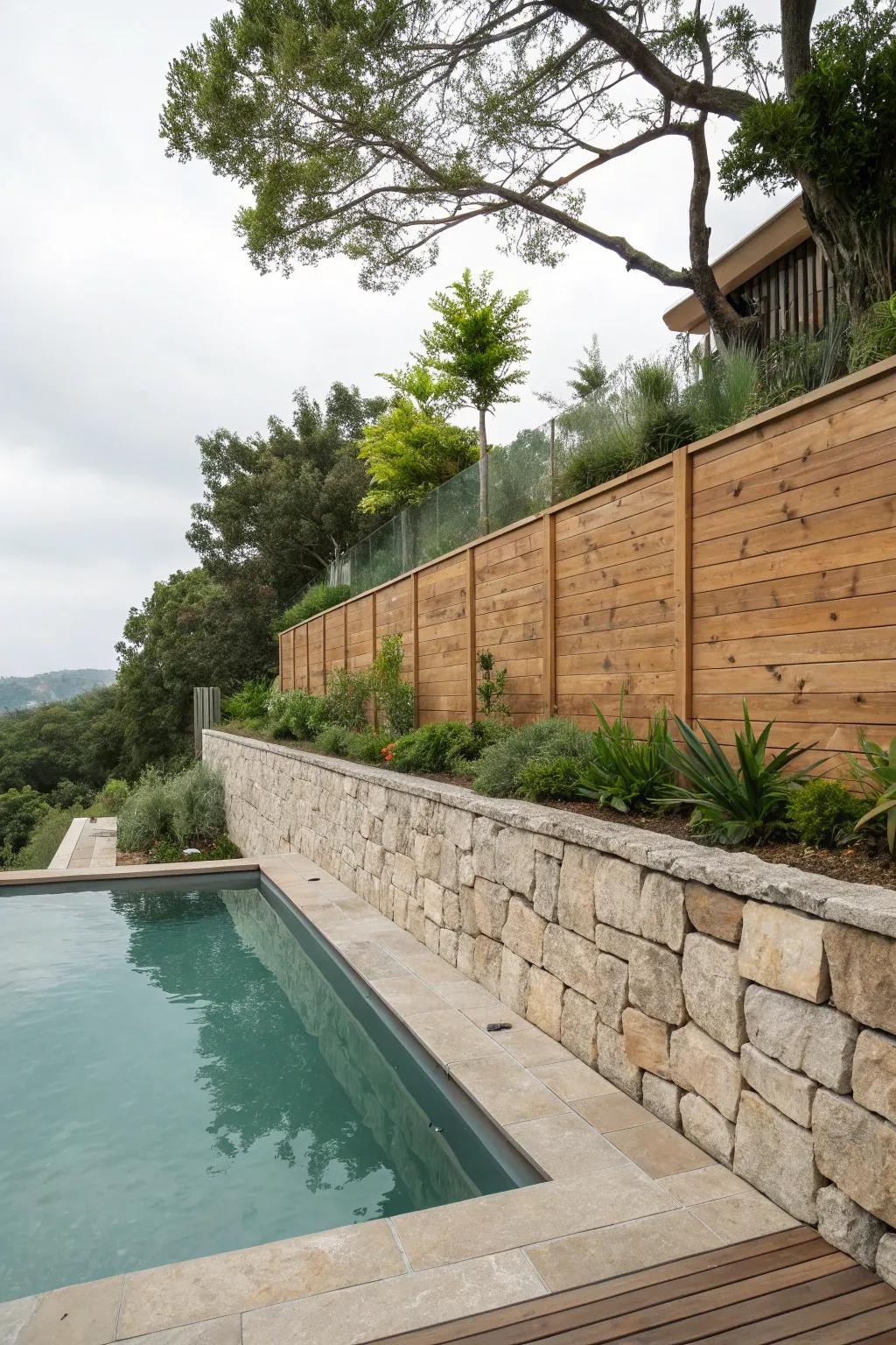 Warm wooden features integrated into a retaining wall design.