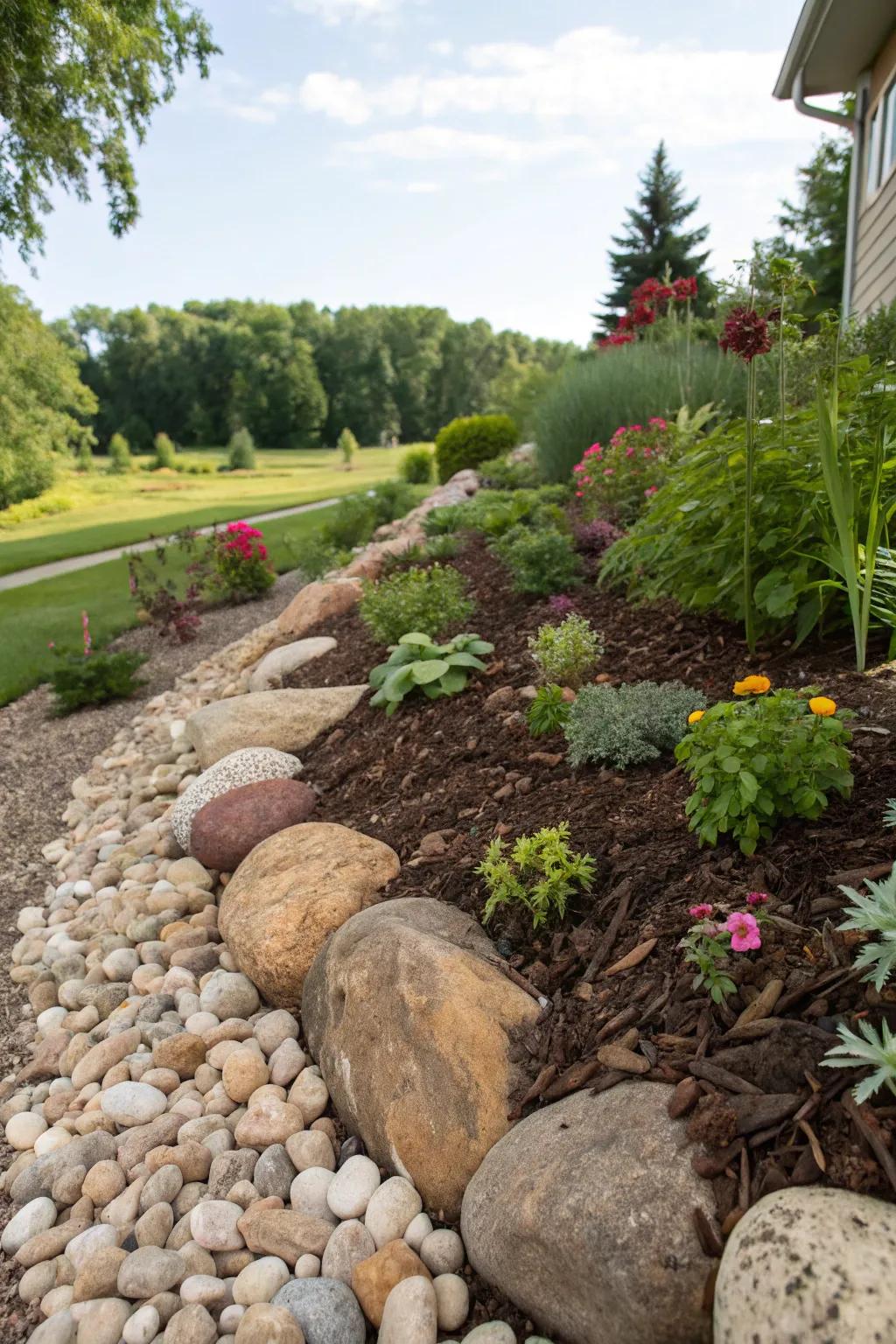 Layered river stones and mulch construct a dynamic and visually enticing lawn plot.