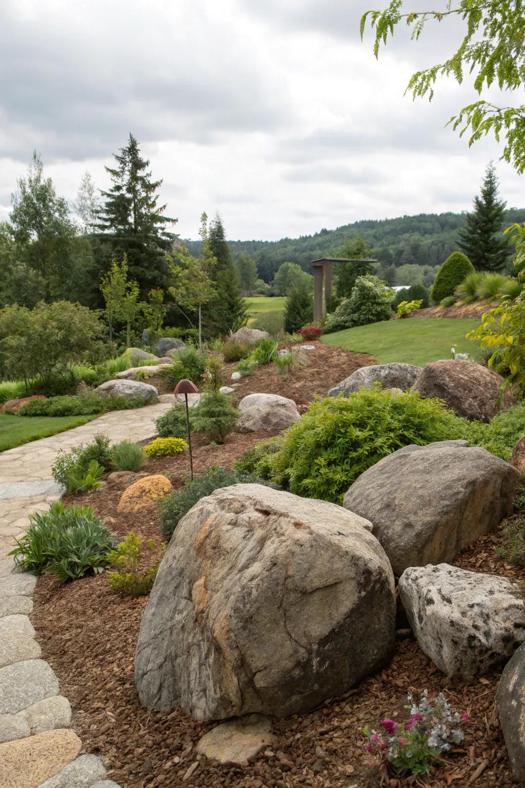 Grand boulders act as organic sculptures within the landscape.