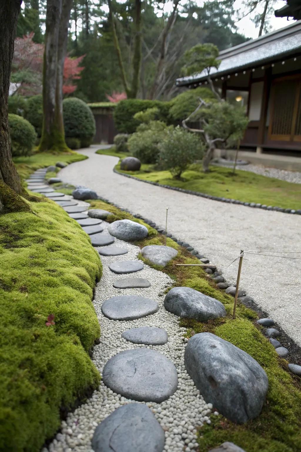 Embrace tranquility with a stone path inspired by zen principles.