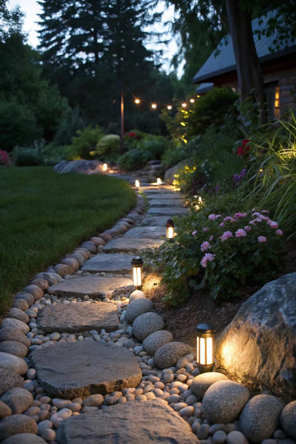 Route lighting augments the ambiance and security of garden walkways.