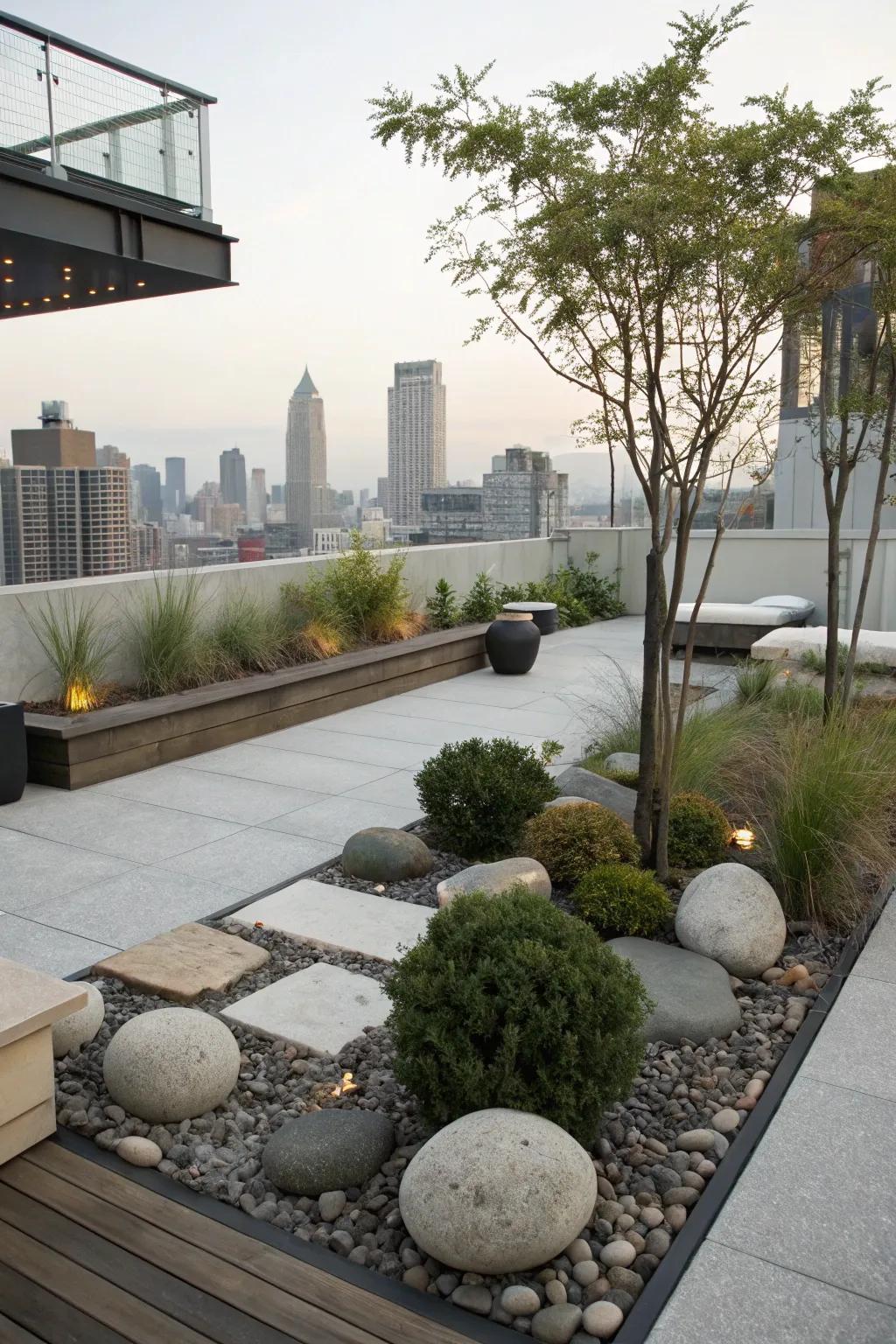 A peaceful rooftop Zen garden retreat.