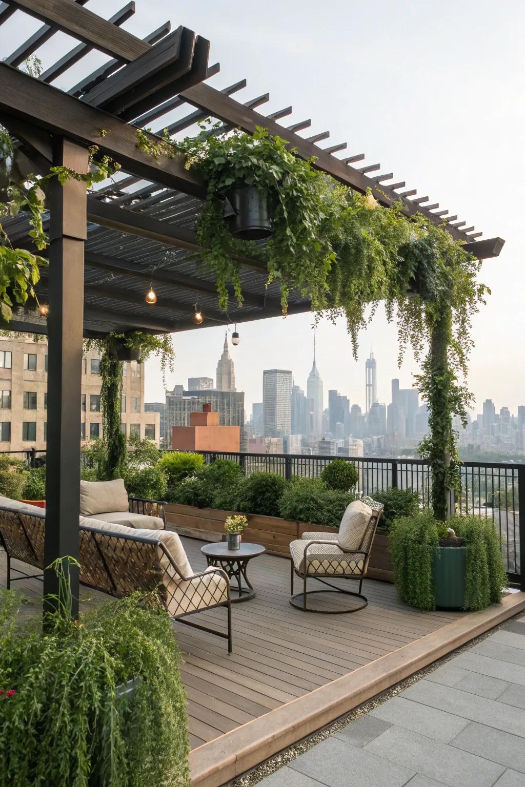A pergola offers shade and architectural interest to a rooftop space.