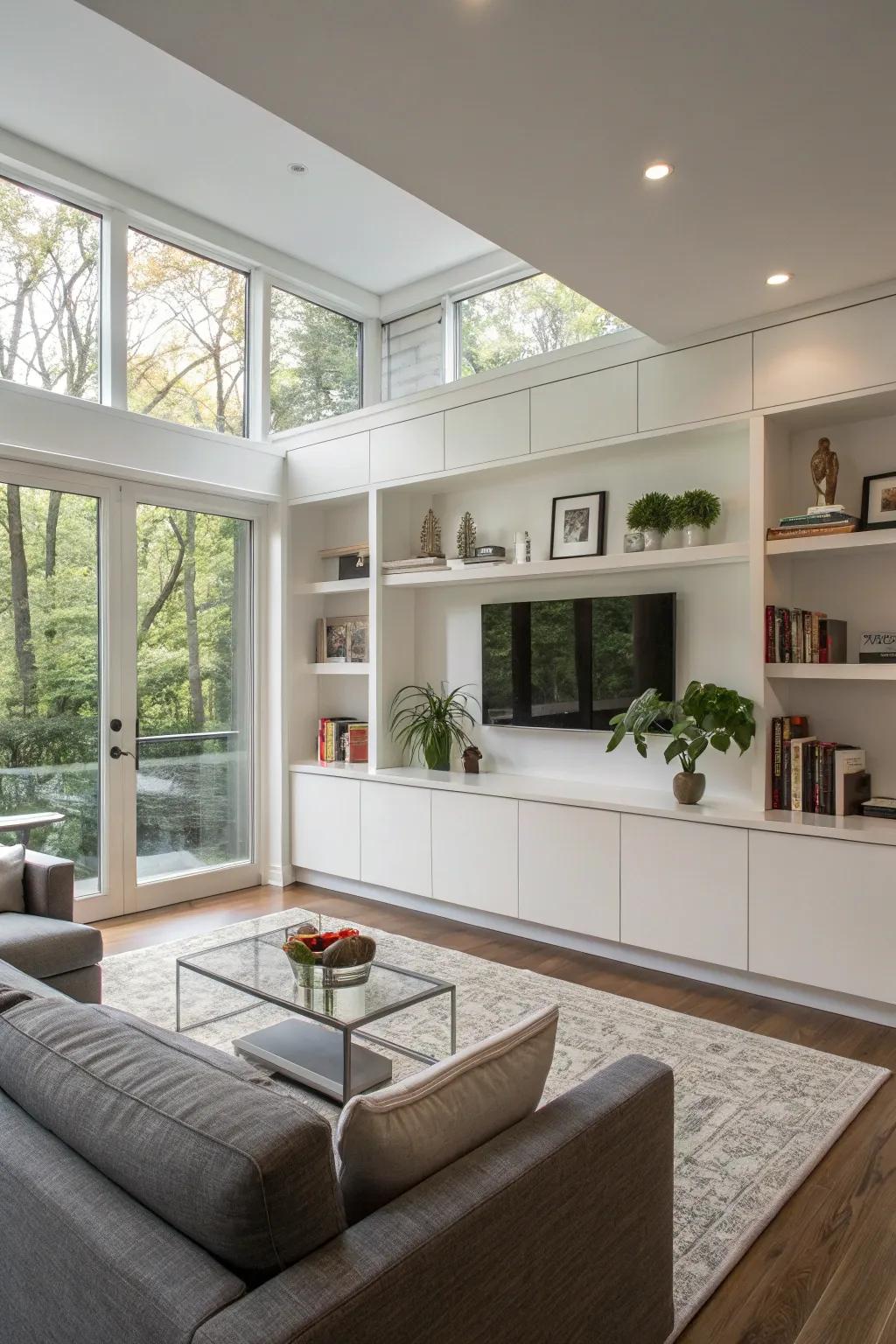A customized partition wall tailored to fit seamlessly into a modern living room.