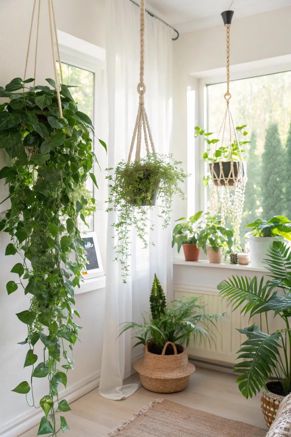 Hanging plants create a natural, vibrant divider that refreshes any area.