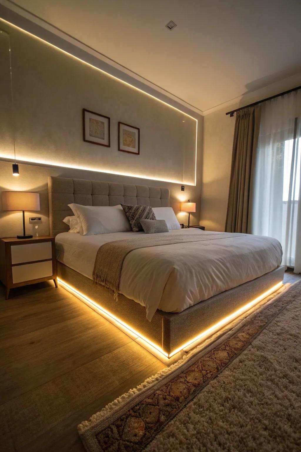 Under-bed LED ribbons offer a practical and stylish lighting solution.