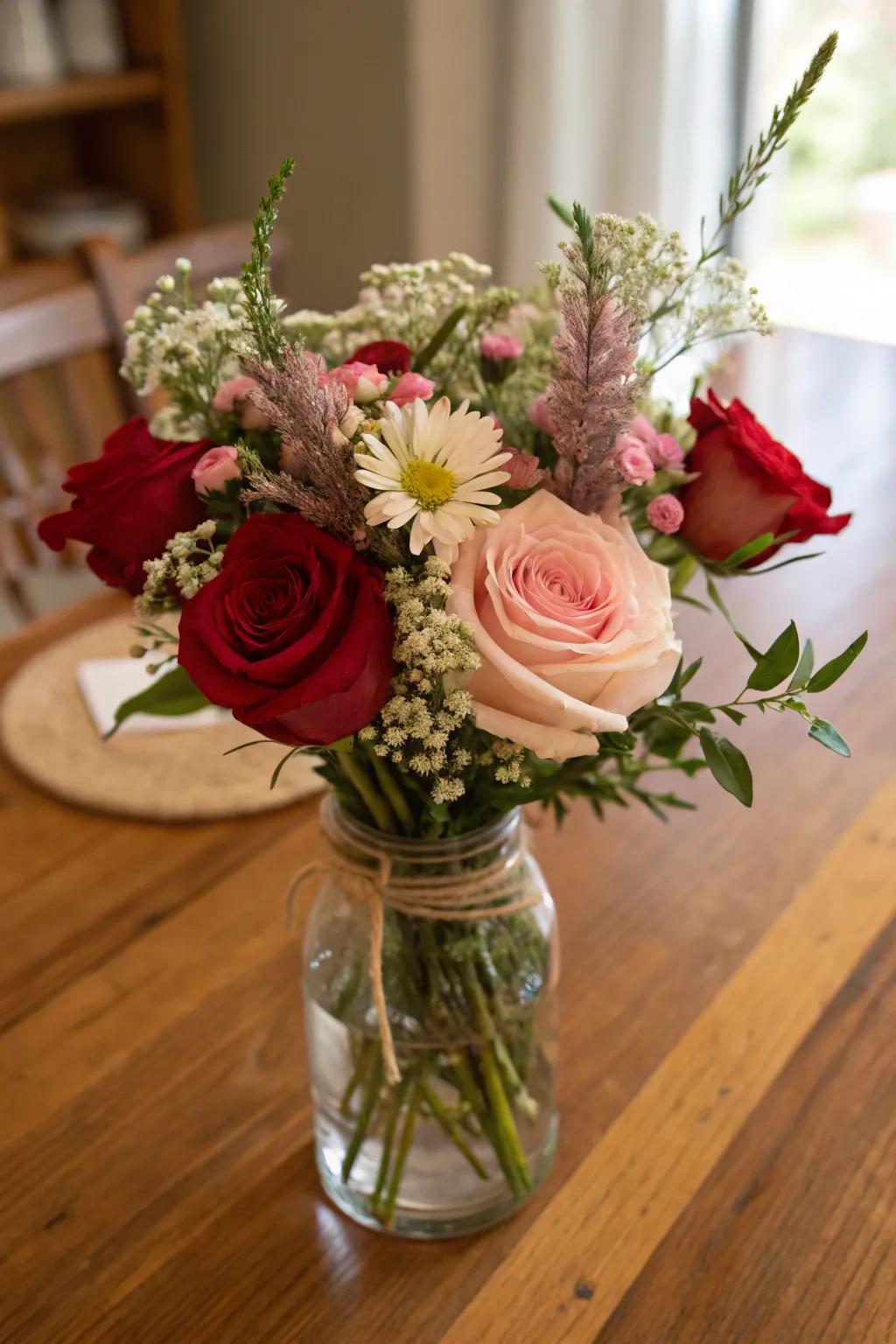 Rustic allure featuring roses and wildflowers.