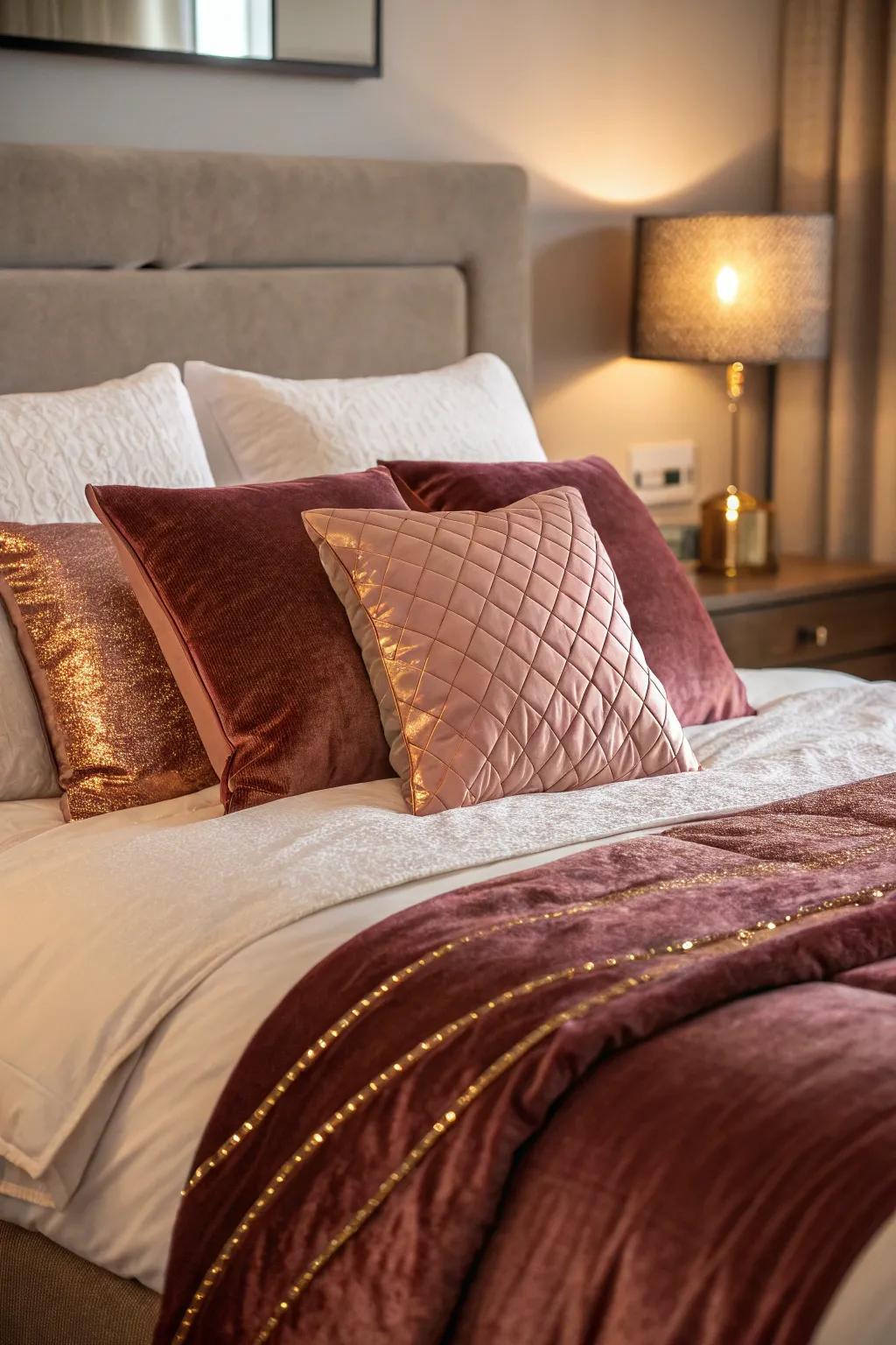Gleaming gold and burgundy cushions inject comfort and style into the bedding.