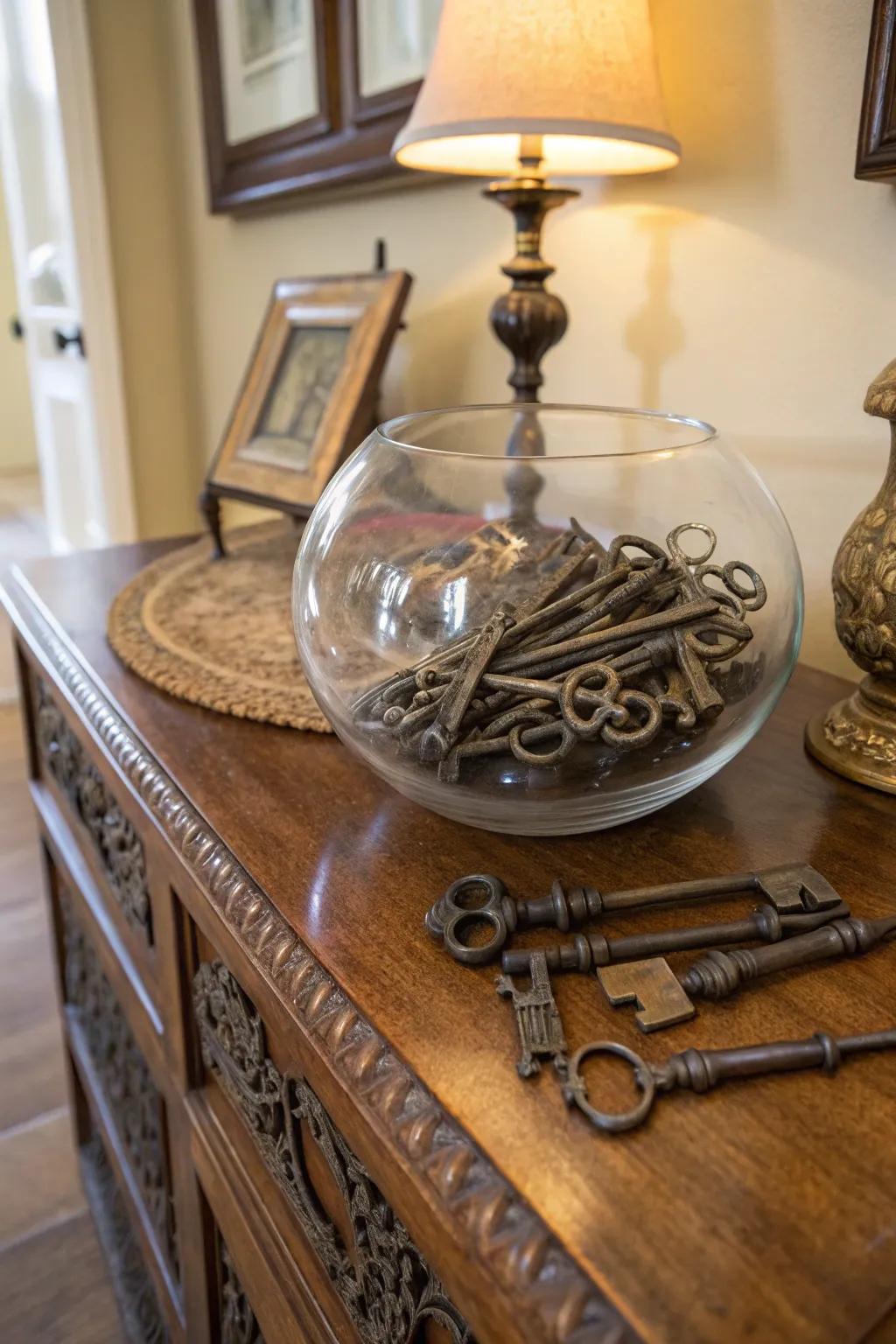 An array of vintage keys in a glass bowl infuses a sense of historical charm.
