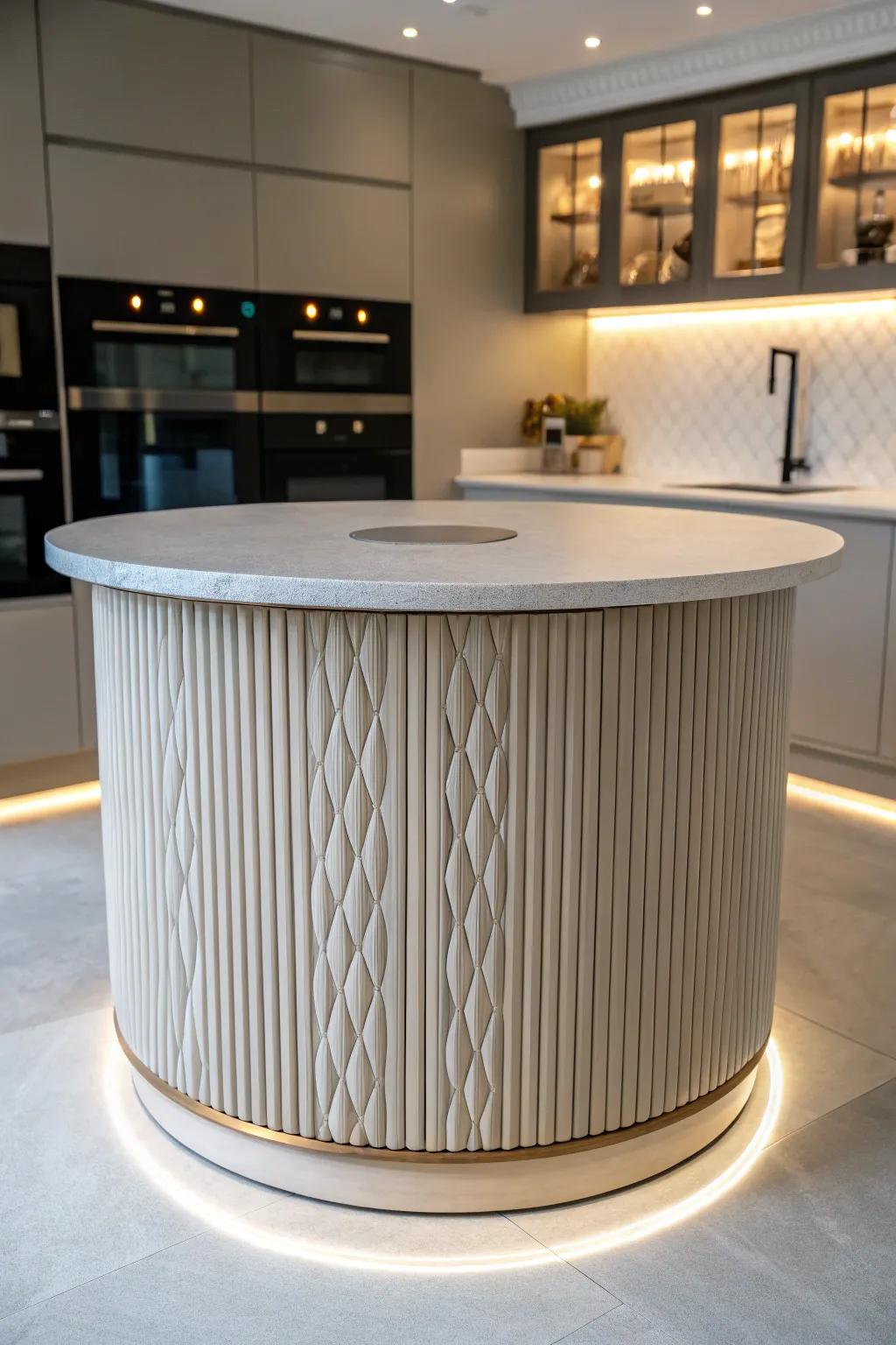 Grooved patterns introduce texture and class to a round kitchen island.