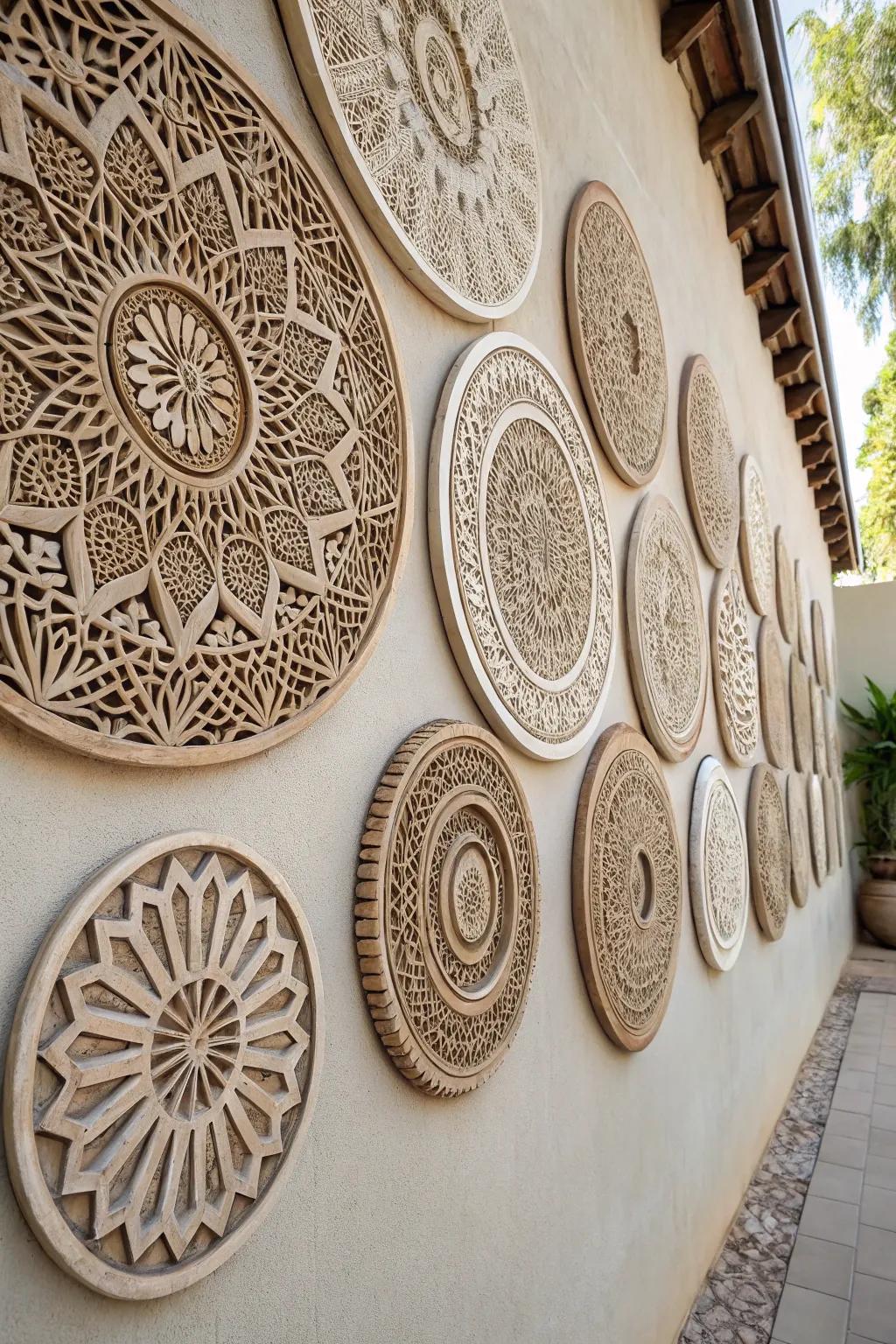 Wall with circular decor featuring artistic geometric patterns.