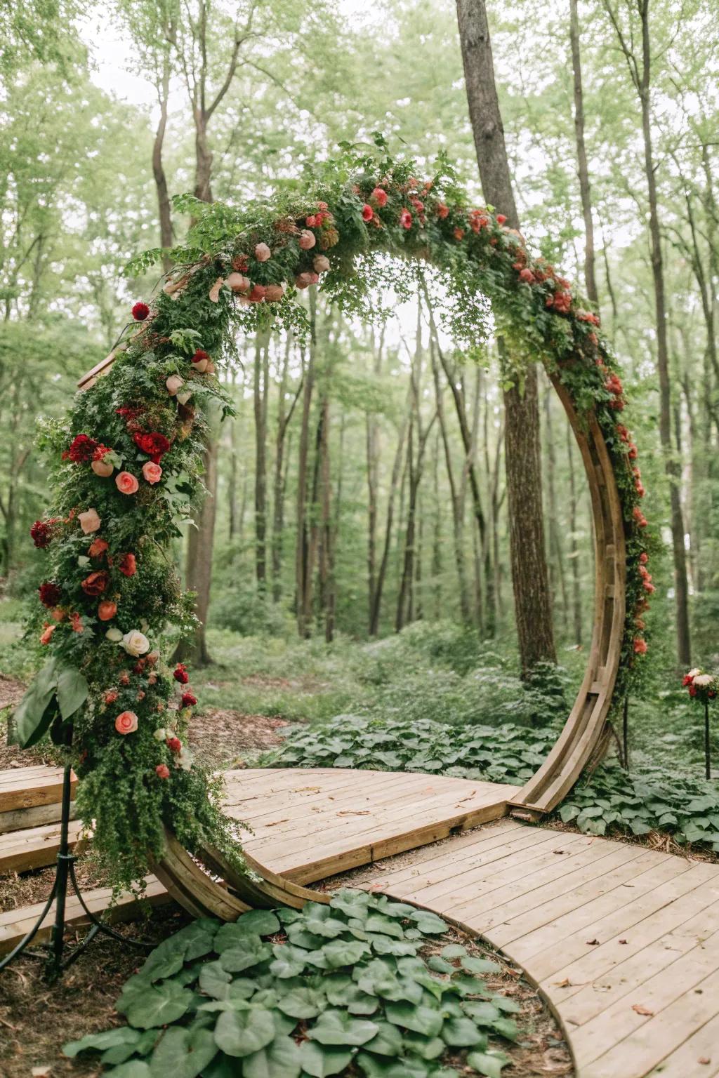 A rustic circular wedding arch featuring a timber structure.