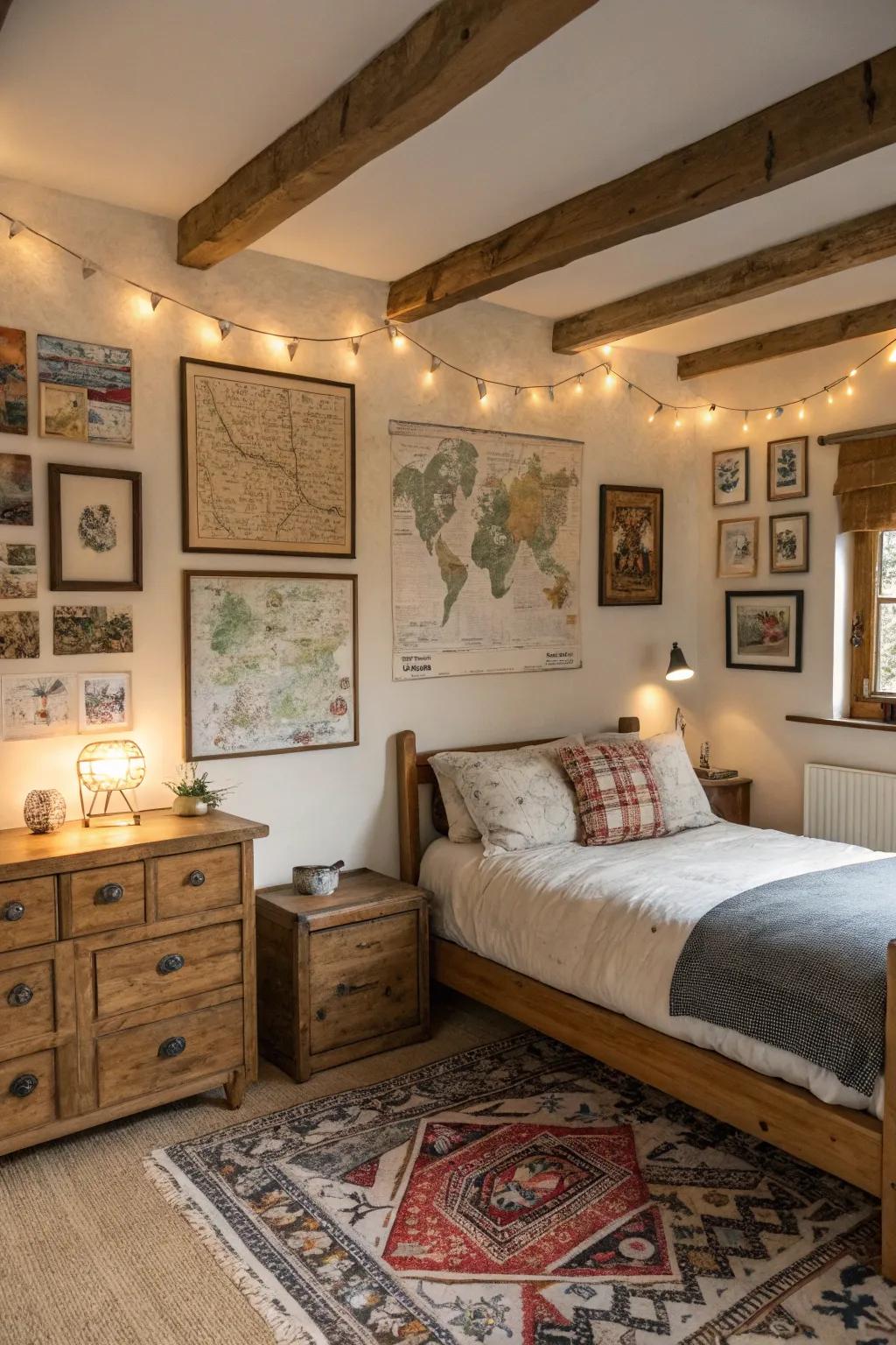 A feature wall adds personal style to this countryside bedroom.