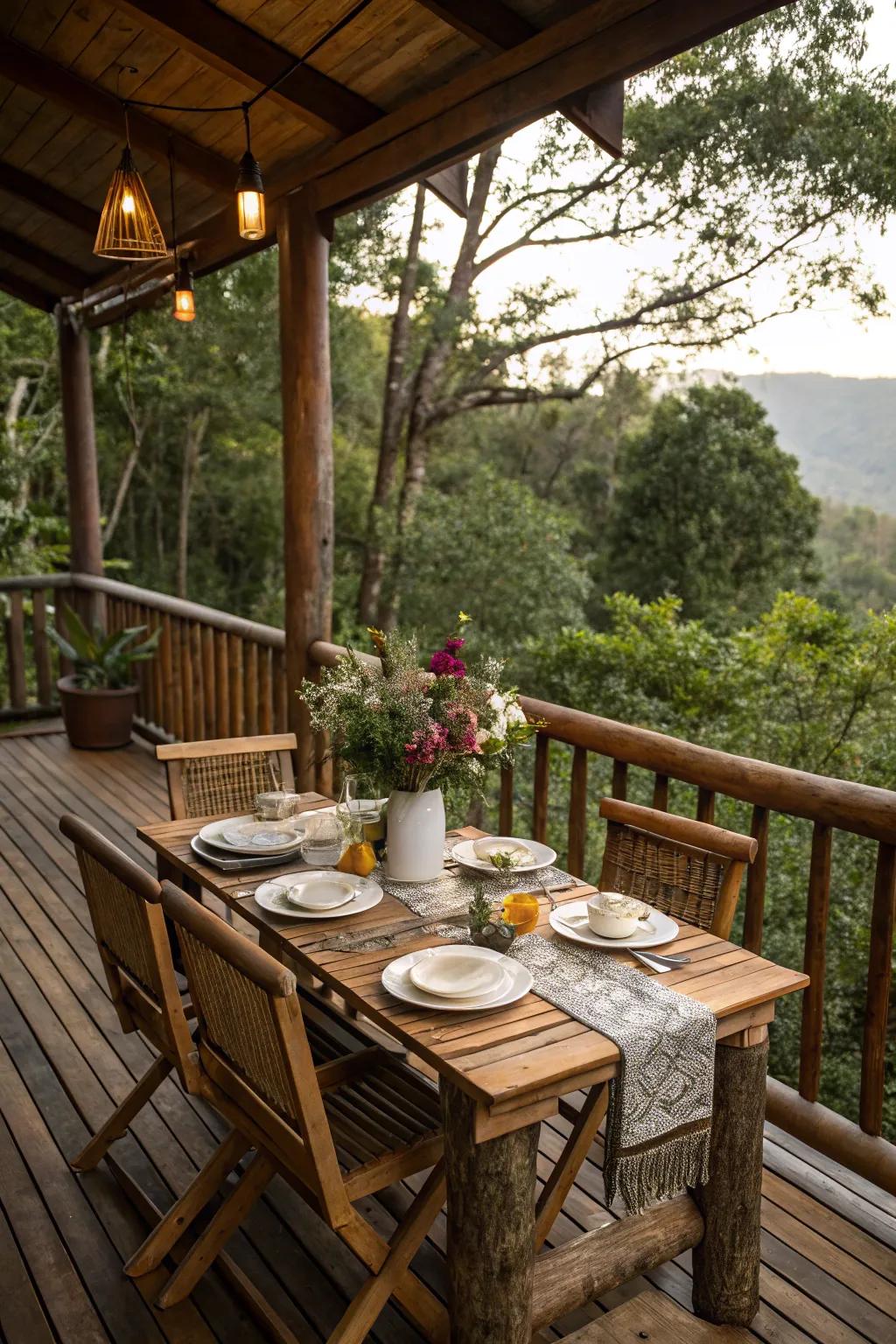 A wood dining table encourages outdoor dining on this deck.