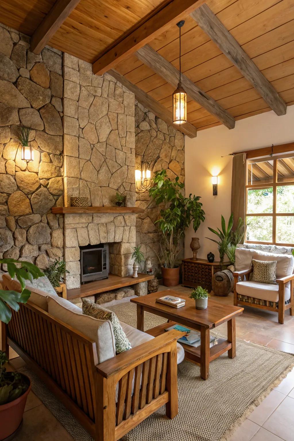 A family room showcasing a striking stone accent wall.