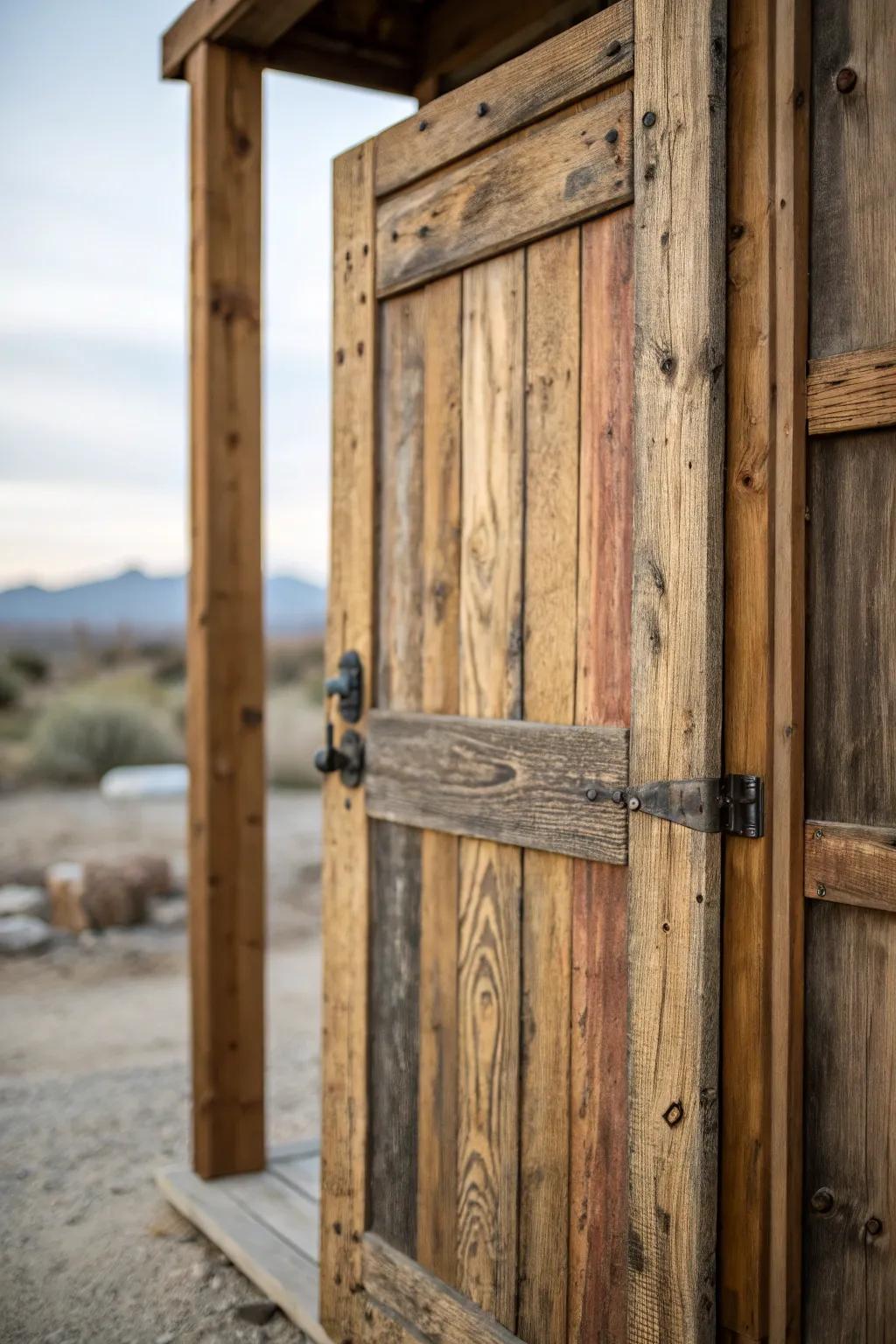 Mixing wood types adds depth and visual interest to rustic doors.