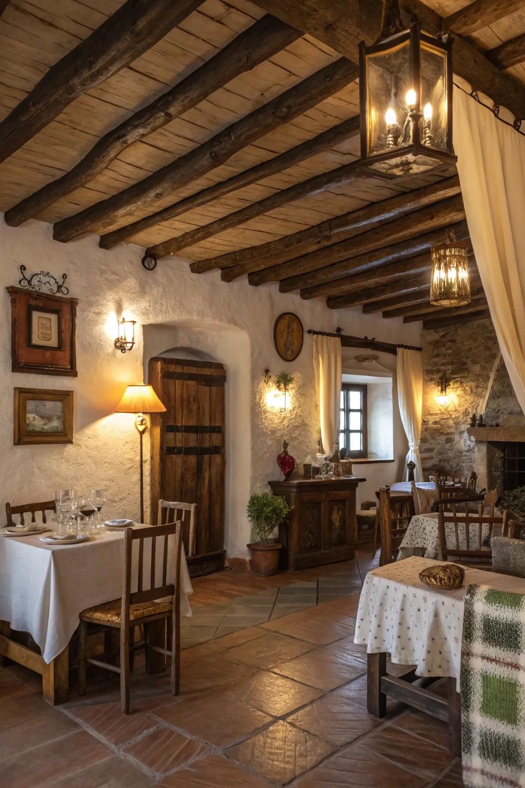 Inviting illumination fixtures in a rustic room.