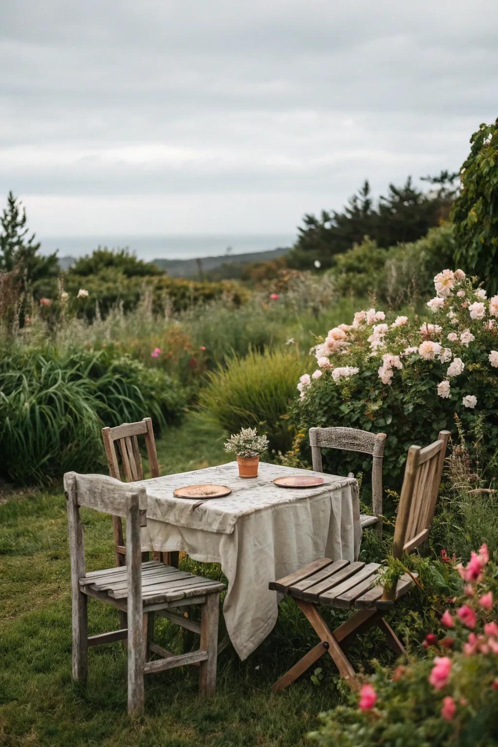Weathered furniture conveying timeless charm to the garden.